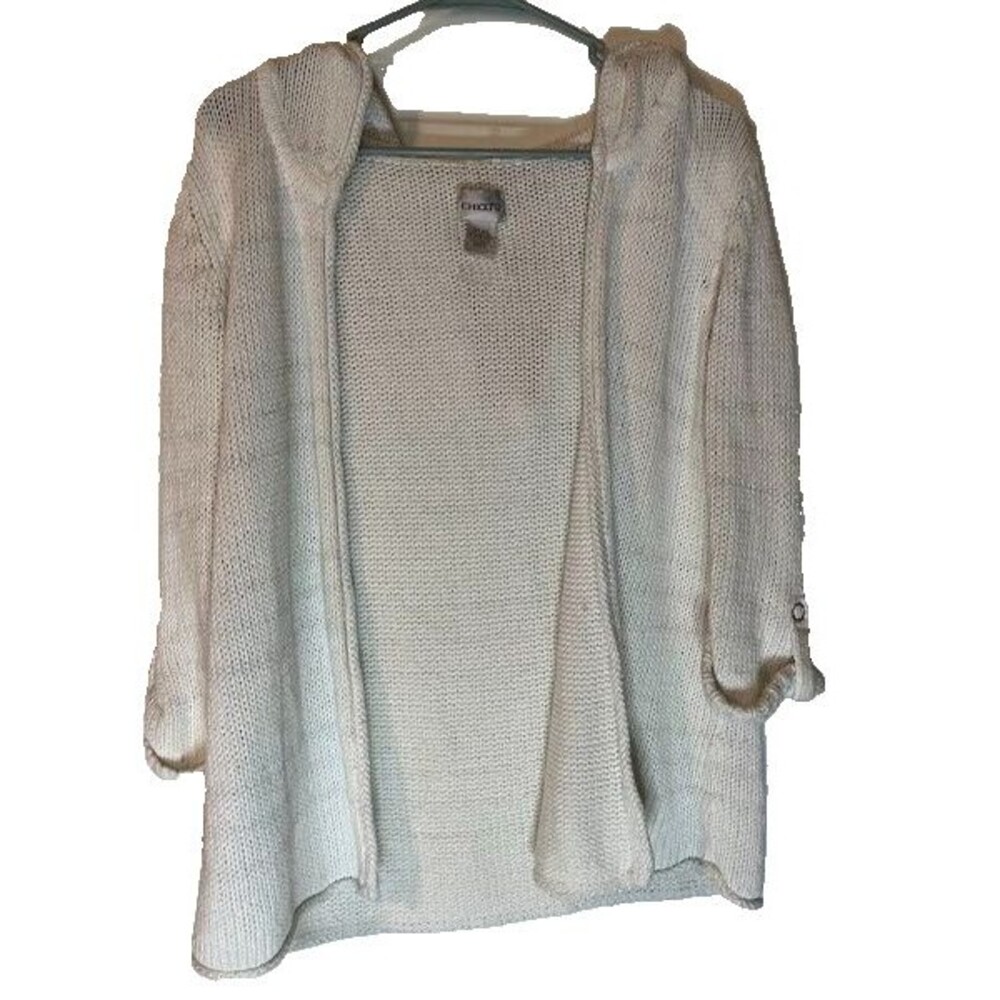 Chico's Cardigan Sz XS Open Hooded White Linen Cotton Cozycore Casual Glittery